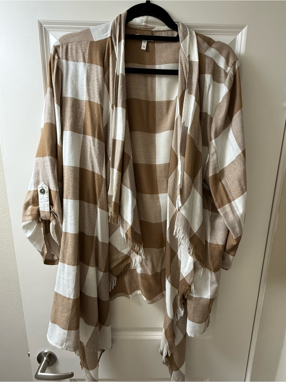 Maurices Beige and White Plaid Open Front Cardigan